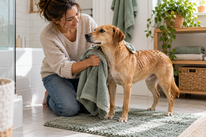 Illustrative bathing-care scene: an owner gently towel-drying a calm dog on a nonslip mat