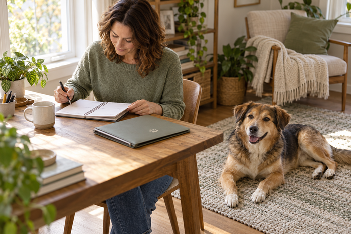 Illustrative pet-care scene: an owner checking a notebook while her dog rests beside the desk