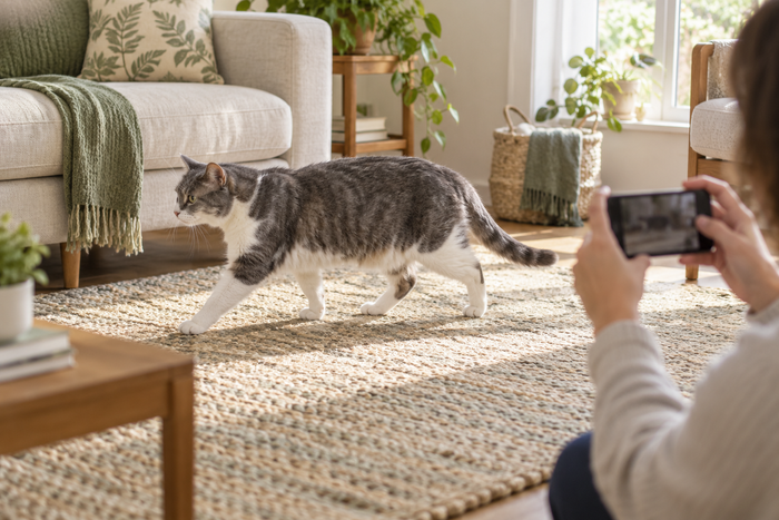 Illustrative home-care scene: an owner filming a grey-and-white cat walking naturally across a rug
