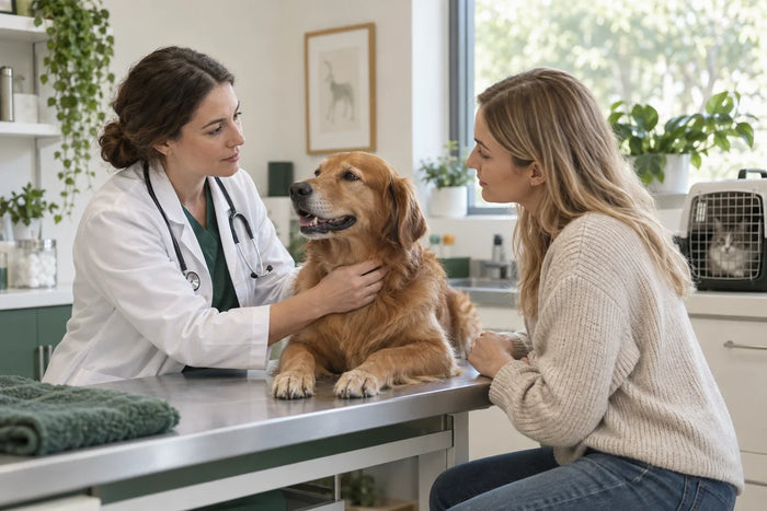 A pet owner and veterinarian in a consultation setting