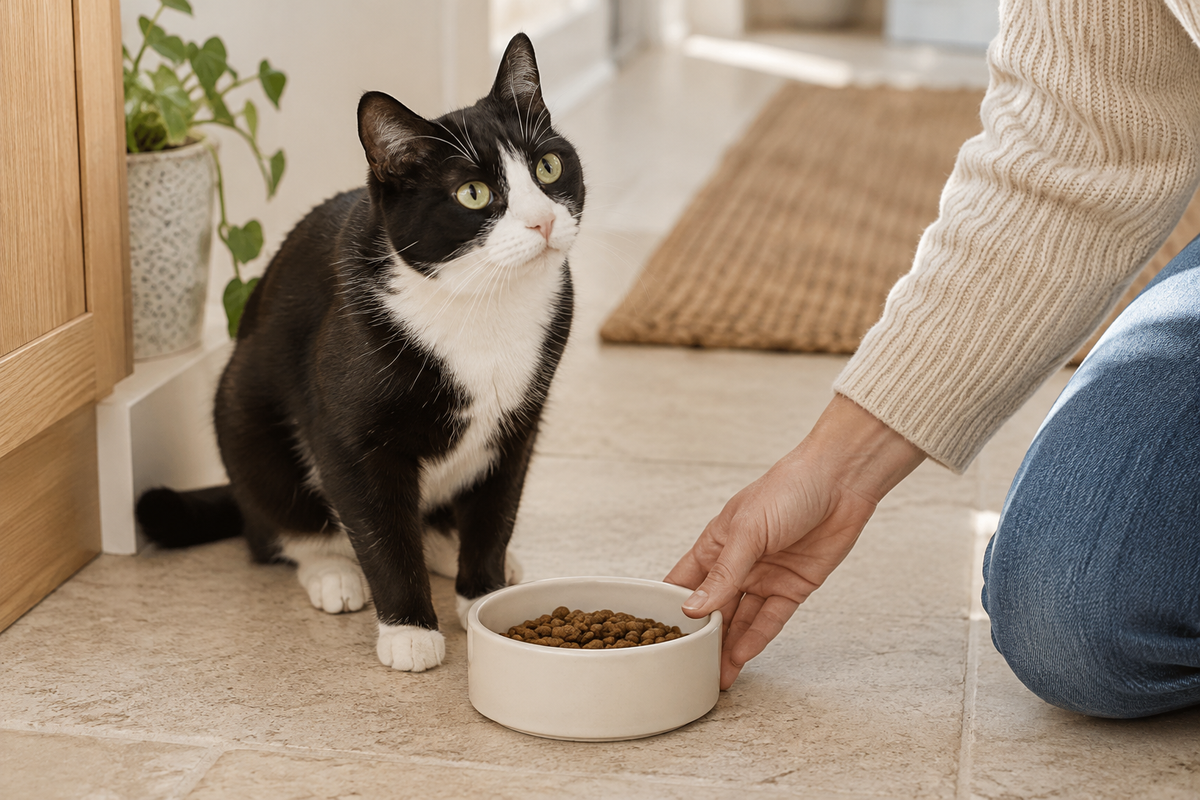 Illustrative lifestyle scene: a tuxedo cat beside its food bowl in a kitchen feeding nook
