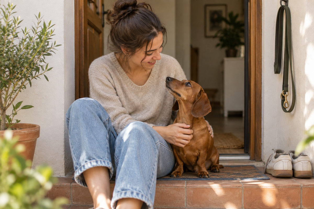 Illustrative lifestyle scene: a pet owner with her dachshund at a sunny doorway