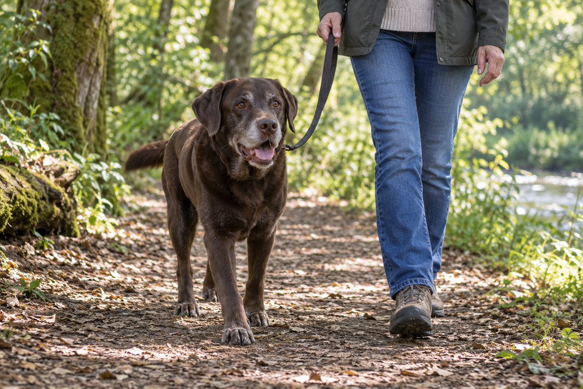 Illustrative lifestyle scene: an older Labrador walking with its owner on a woodland path