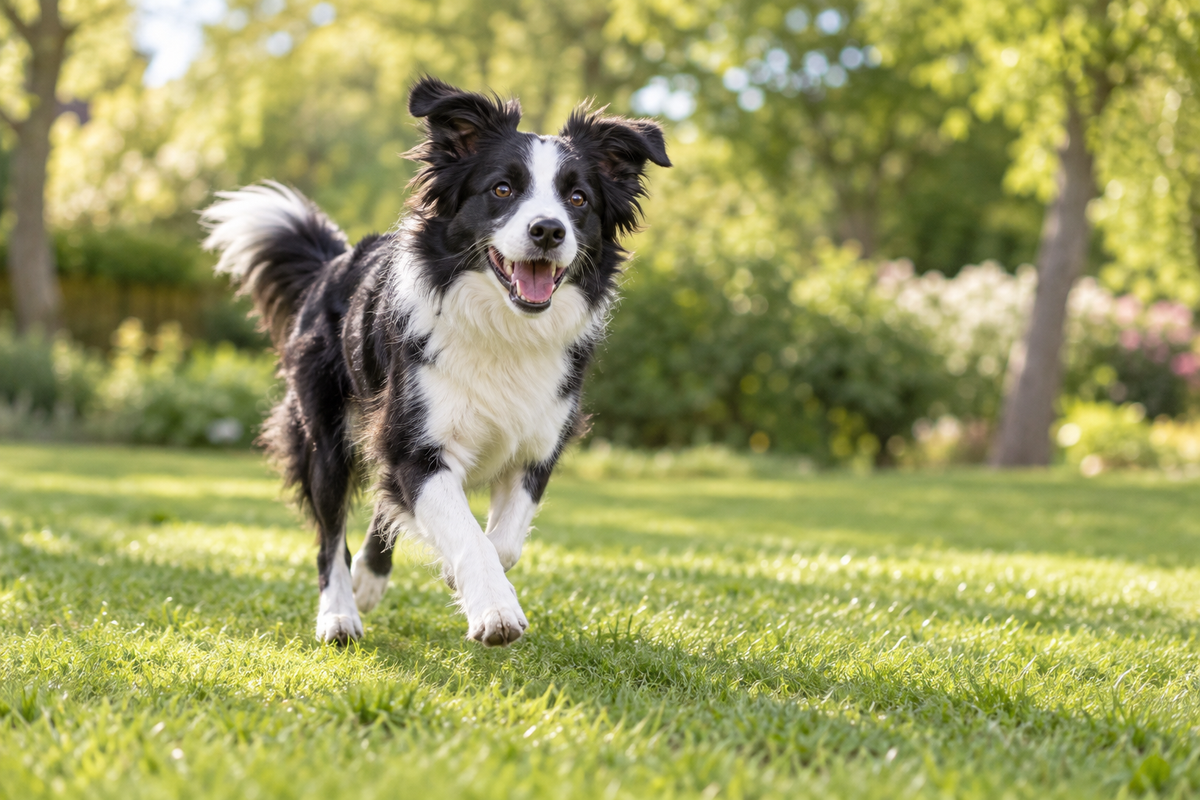 Illustrative lifestyle scene: a border collie running in a sunny garden