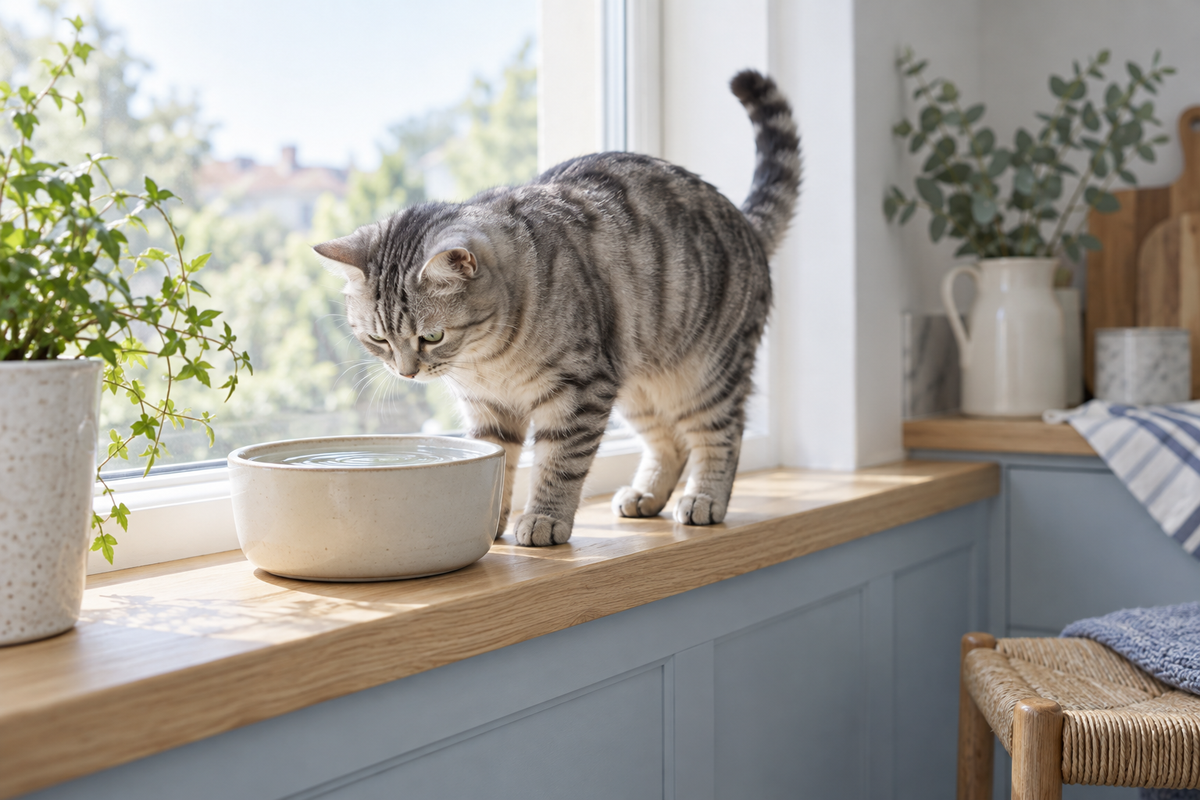 Illustrative lifestyle scene: a tabby cat beside a water bowl on a windowsill