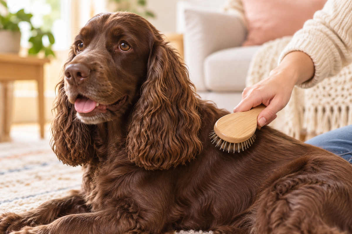 Illustrative lifestyle scene: an owner gently brushing a cocker spaniel
